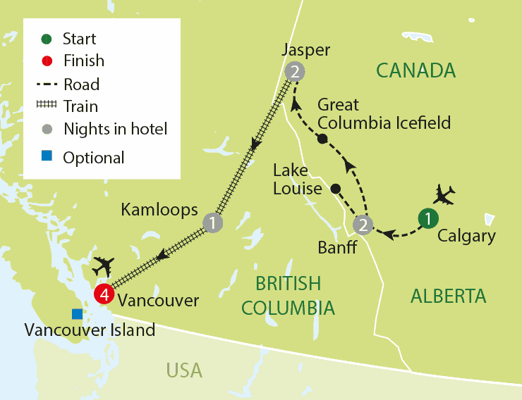 Canada & The Rocky Mountaineer tour map