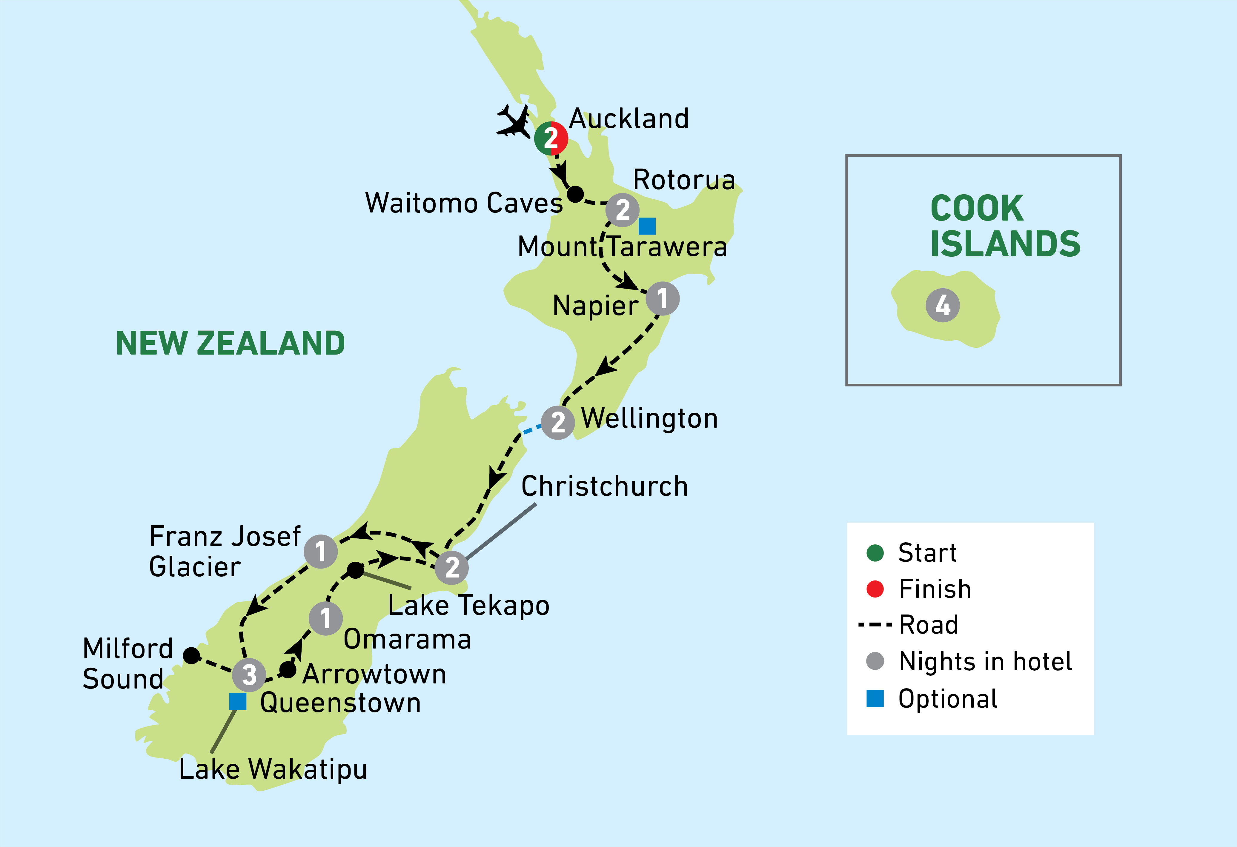 New Zealand With Cook Islands guided holiday map